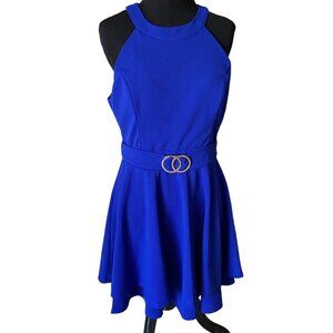 Royal Blue Emerald Sundae Cocktail dress with Gold emblem self Belt Size 11 NWT